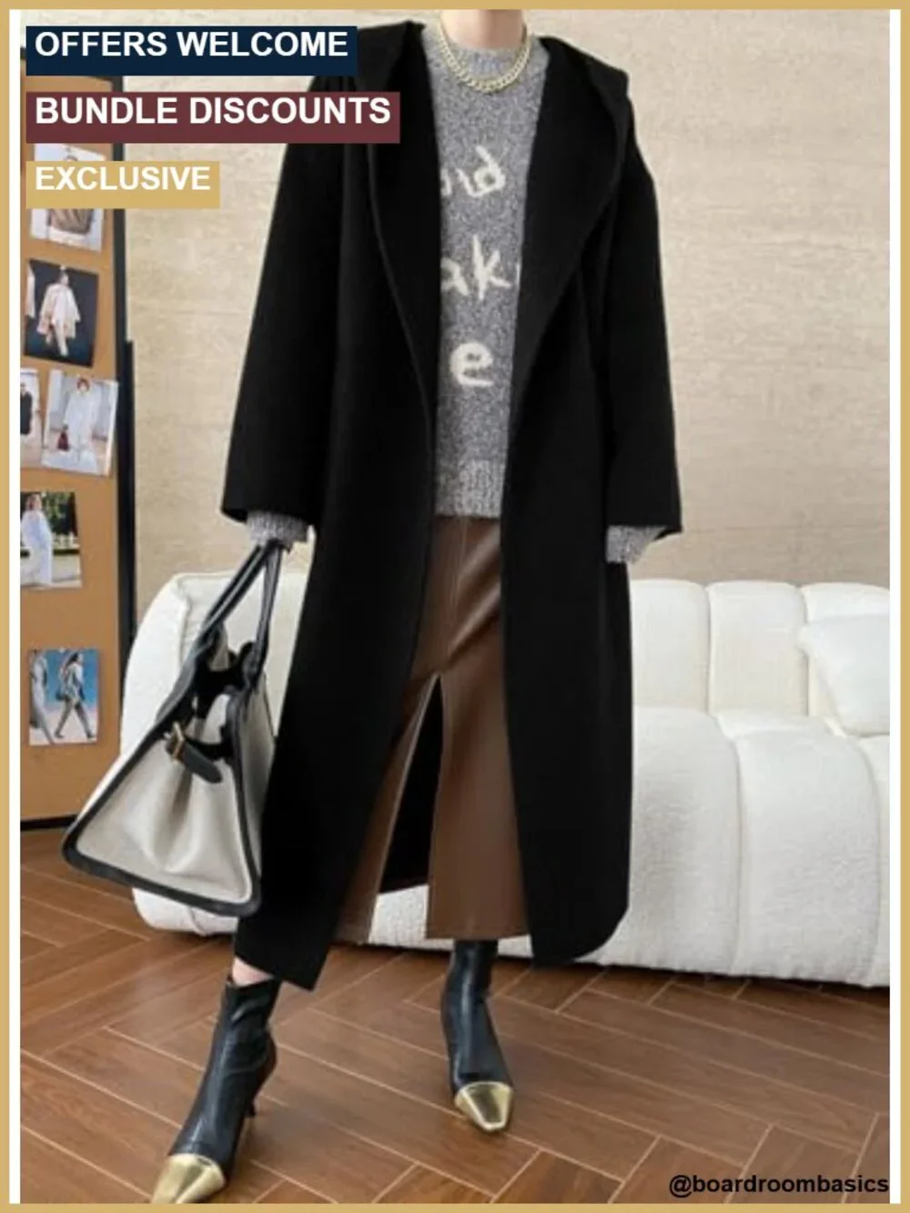 Wool Blend Hooded Belted Pea Coat Winter Midi Long Women's Open Front